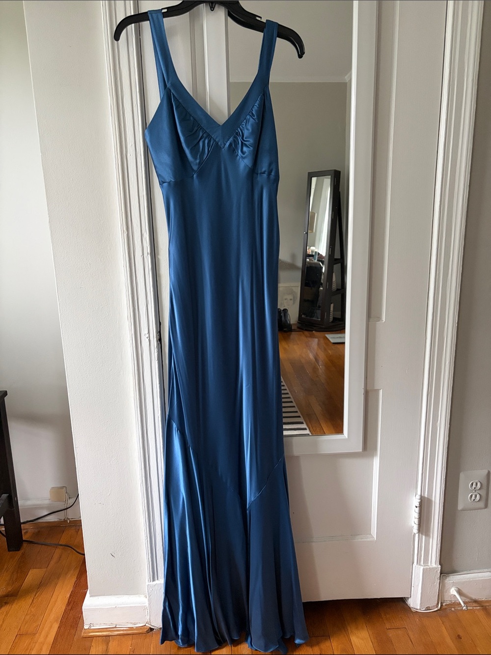 Adrianna Papell Dusty Blue Satin Backless Slip Dress